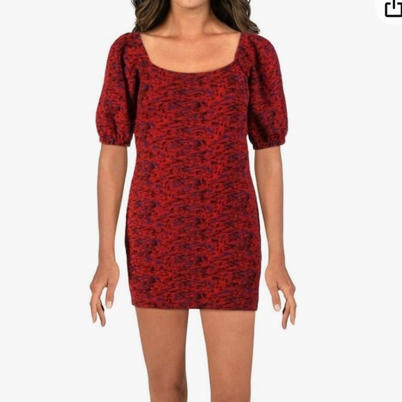Free People Sunset Puff Sleeve Textured Mini Dress In Red Combo. NWT! Sz L - Picture 5 of 12